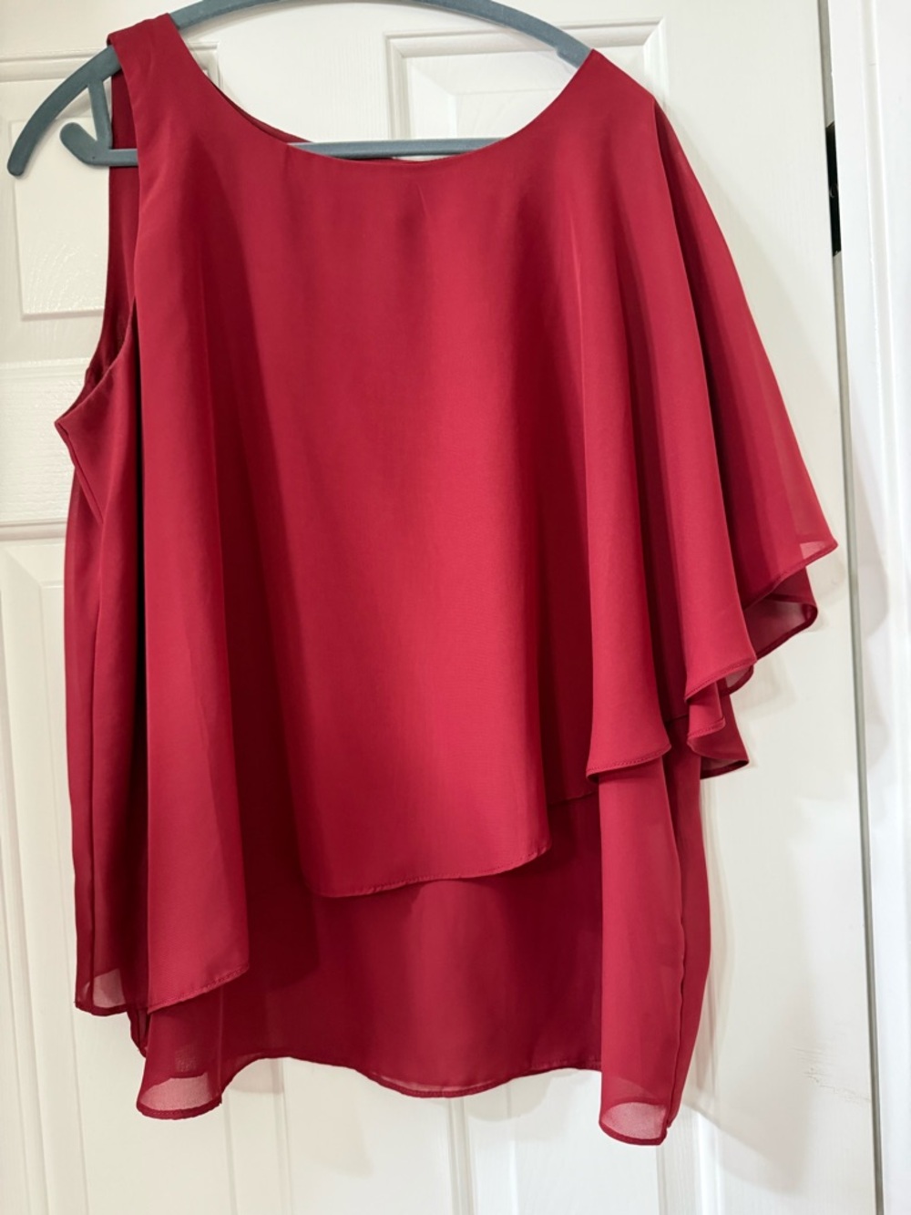 The Limited Deep Red Asymmetrical One-Shoulder Layered Chiffon Blouse - XL